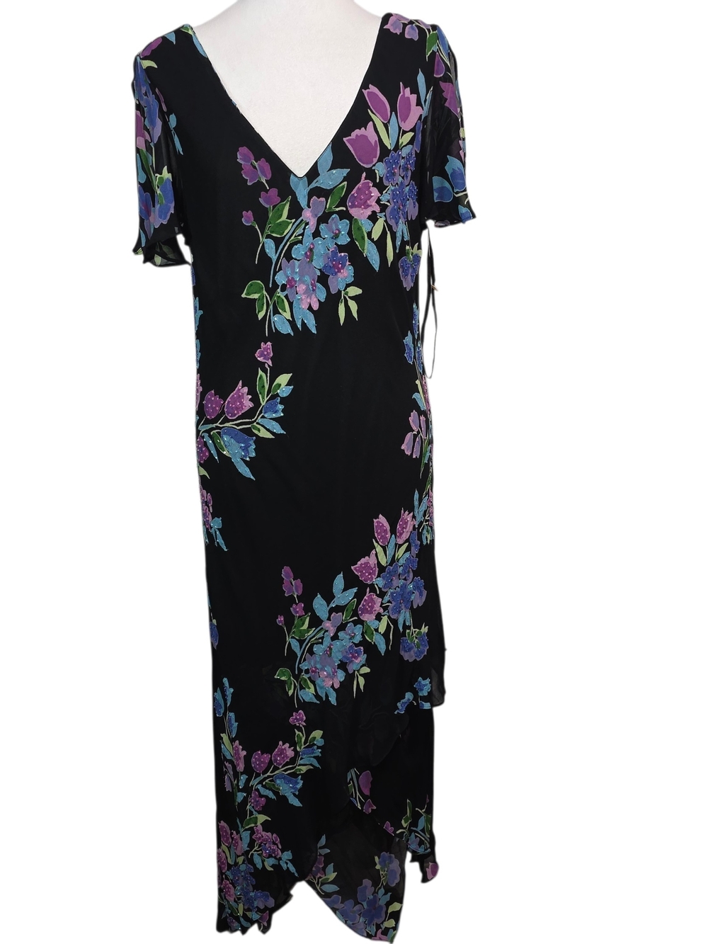 Vintage 90s Eva Blue black floral beaded fairy grunge midi maxi dress size 16